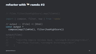 refactor with
!
ramda #2
// films.filter(hasHighScore).map(filmHtml)
import { compose, filter, map } from 'ramda'
// output :: [Film] -> [Html]
const output =
compose(map(filmHtml), filter(hasHighScore))
output(films)
// => [
// "<div>The Empire Strikes Back, <strong>8.8</strong></div>",
// "<div>Pulp Fiction, <strong>8.9</strong></div>",
// ]
@RobertWPearce 26
 