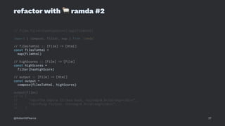 refactor with
!
ramda #2
// films.filter(hasHighScore).map(filmHtml)
import { compose, filter, map } from 'ramda'
// filmsToHtml :: [Film] -> [Html]
const filmsToHtml =
map(filmHtml)
// highScores :: [Film] -> [Film]
const highScores =
filter(hasHighScore)
// output :: [Film] -> [Html]
const output =
compose(filmsToHtml, highScores)
output(films)
// => [
// "<div>The Empire Strikes Back, <strong>8.8</strong></div>",
// "<div>Pulp Fiction, <strong>8.9</strong></div>",
// ]
@RobertWPearce 27
 