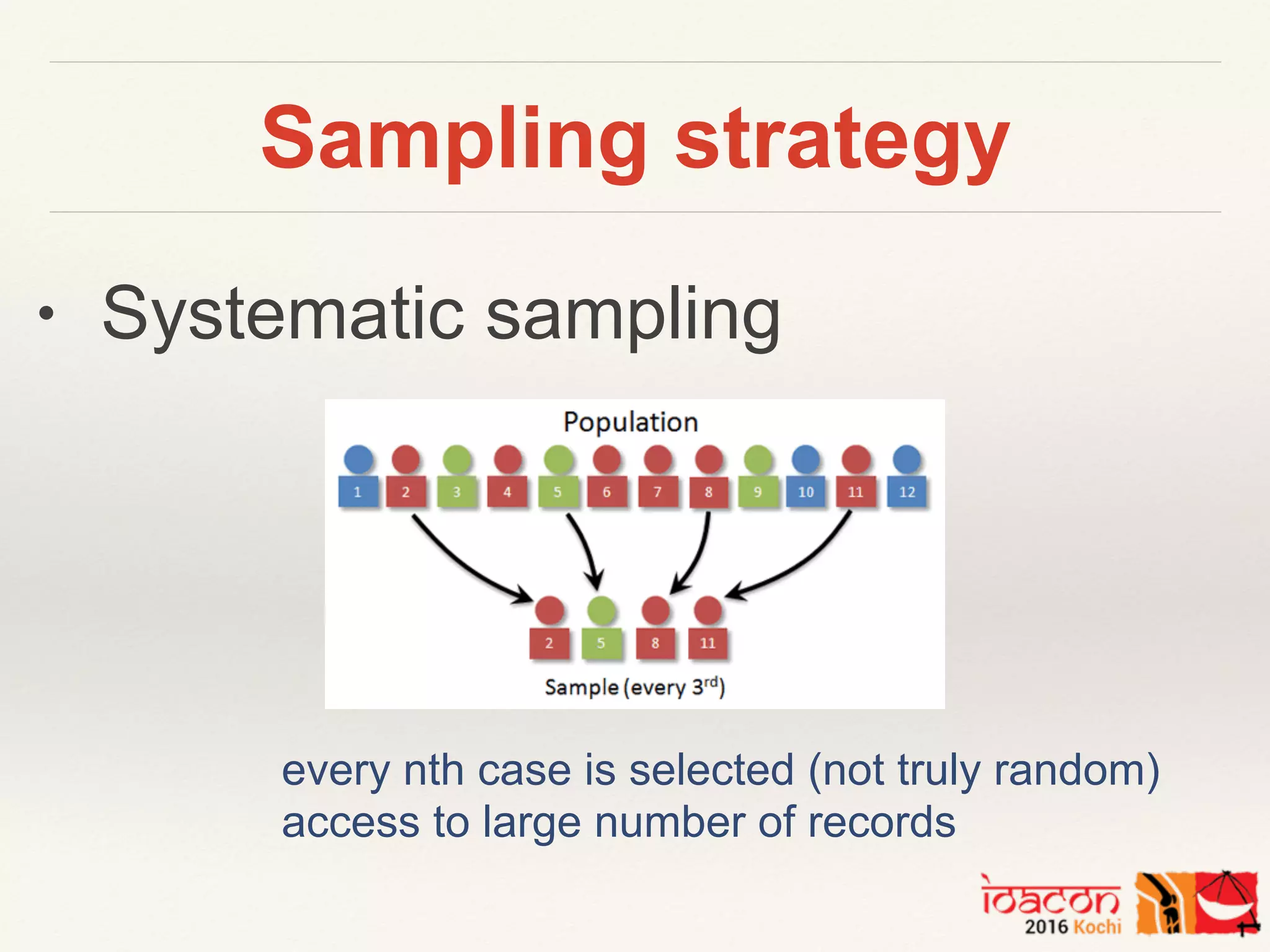 Sampling strategy
every nth case is selected (not truly random)
access to large number of records
• Systematic sampling
 