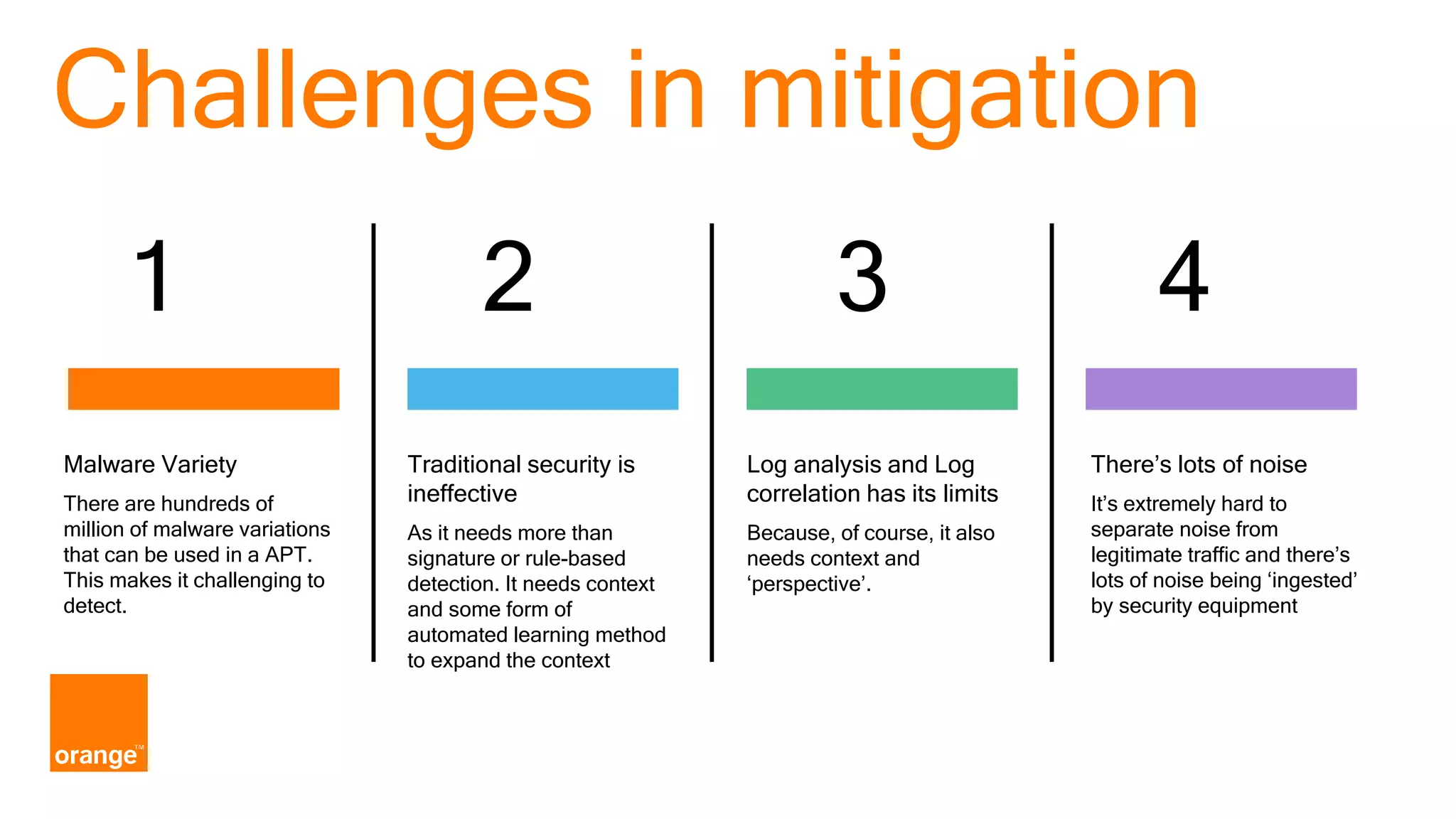 Malware Variety There are hundreds of million of malware variations that can be used in a APT. This makes it challenging to detect. 41 2 3 Traditional security is ineffective As it needs more than signature or rule-based detection. It needs context and some form of automated learning method to expand the context Log analysis and Log correlation has its limits Because, of course, it also needs context and ‘perspective’. There’s lots of noise It’s extremely hard to separate noise from legitimate traffic and there’s lots of noise being ‘ingested’ by security equipment Challenges in mitigation 