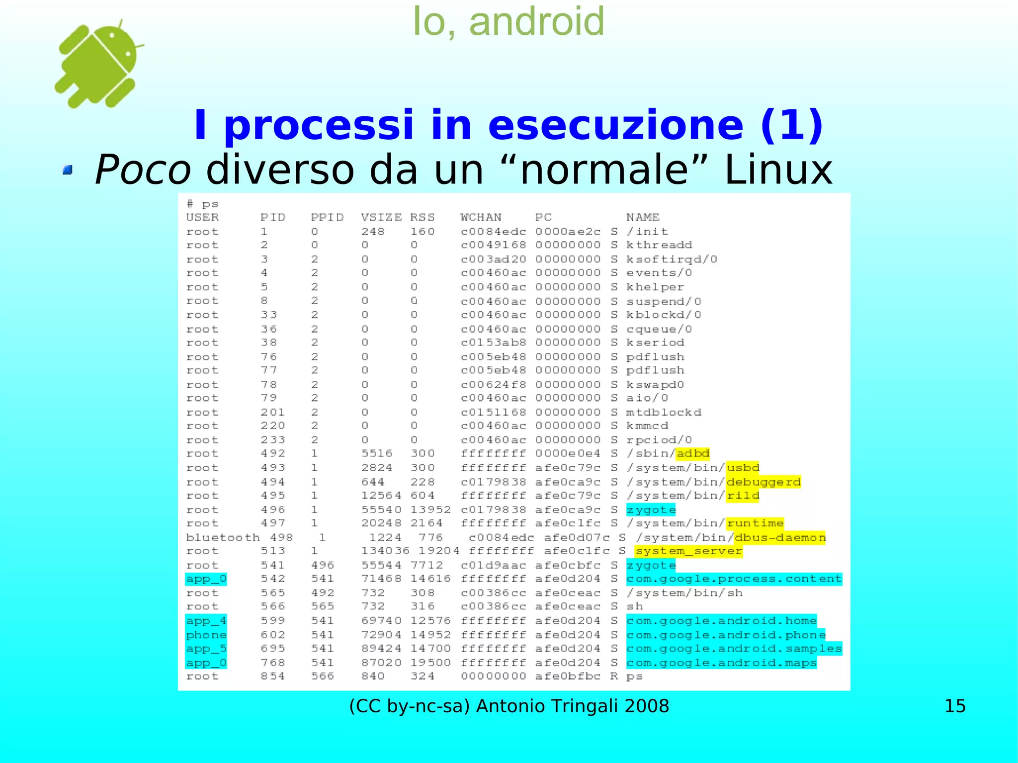 Io, android I processi in esecuzione (1) Poco  diverso da un “normale” Linux 