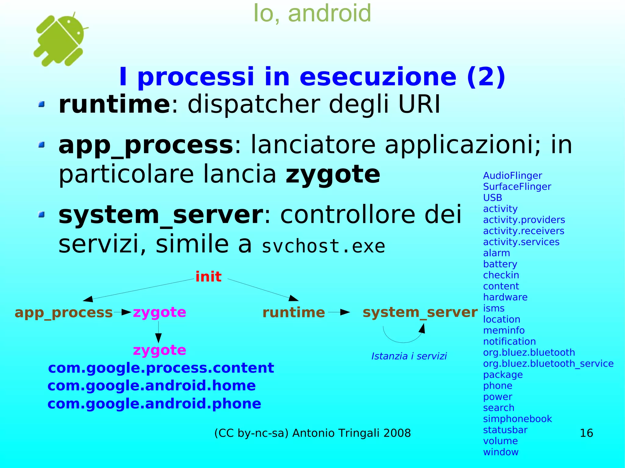 Io, android I processi in esecuzione (2) runtime : dispatcher degli URI app_process : lanciatore applicazioni; in particolare lancia  zygote system_server : controllore dei servizi, simile a  svchost.exe init system_server runtime app_process zygote zygote com.google.android.home com.google.process.content com.google.android.phone Istanzia i servizi AudioFlinger SurfaceFlinger USB activity activity.providers activity.receivers activity.services alarm battery checkin content hardware isms location meminfo notification org.bluez.bluetooth org.bluez.bluetooth_service package phone power search simphonebook statusbar volume window 