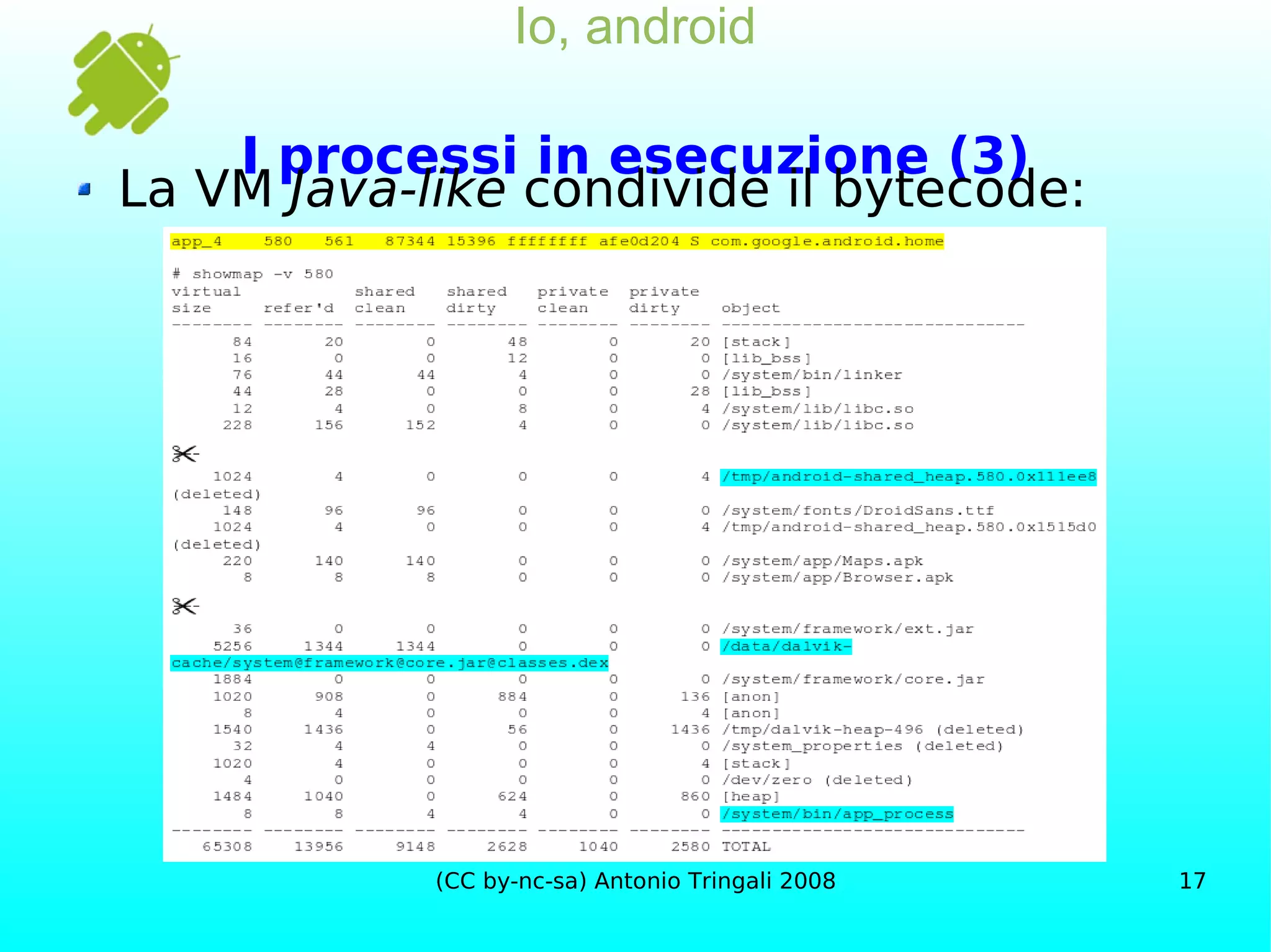 Io, android I processi in esecuzione (3) La VM  Java-like  condivide il bytecode: 
