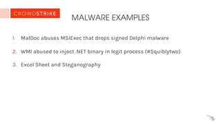 MALWARE EXAMPLES
1. MalDoc abuses MSIExec that drops signed Delphi malware
2. WMI abused to inject .NET binary in legit process (#Squiblytwo)
3. Excel Sheet and Steganography
 