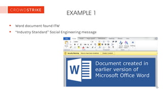 EXAMPLE 1
§ Word document found ITW
§ “Industry Standard” Social Engineering message
 