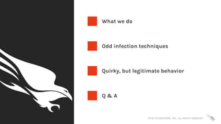 2018 CROWDSTRIKE, INC. ALL RIGHTS RESERVED.
What we do
Odd infection techniques
Quirky, but legitimate behavior
Q & A
 