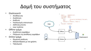Δομή του συστήματος
• Elasticsearch
– Αποθήκευση
– Αναζήτηση
– Ανάλυση
– Υπολογισμός στατιστικών
– JSON documents
– near realtime
• Offline τμήμα
– Αναζήτηση εγγράφων
– Πλήρωση της αποθήκης εγγράφων
• Online τμήμα
– Θεματική ανάλυση
– Αλληλεπίδραση με τον χρήστη
– Ταξινόμηση
13
 