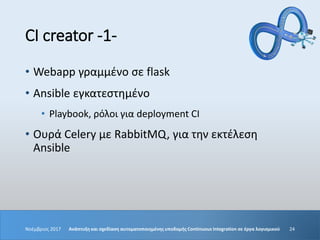 CI creator -1-
• Webapp γραμμένο σε flask
• Ansible εγκατεστημένο
• Playbook, ρόλοι για deployment CI
• Ουρά Celery με RabbitMQ, για την εκτέλεση
Ansible
Νοέμβριος 2017 24Ανάπτυξη και σχεδίαση αυτοματοποιημένης υποδομής Continuous Integration σε έργα λογισμικού
 