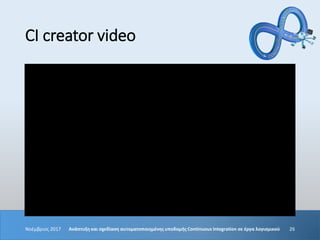 CI creator video
Νοέμβριος 2017 26Ανάπτυξη και σχεδίαση αυτοματοποιημένης υποδομής Continuous Integration σε έργα λογισμικ...
