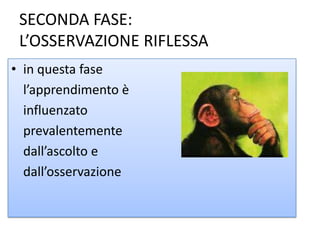 SECONDA FASE:
L’OSSERVAZIONE RIFLESSA
• in questa fase
l’apprendimento è
influenzato
prevalentemente
dall’ascolto e
dall’osservazione
 