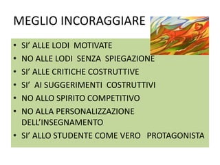 MEGLIO INCORAGGIARE
• SI’ ALLE LODI MOTIVATE
• NO ALLE LODI SENZA SPIEGAZIONE
• SI’ ALLE CRITICHE COSTRUTTIVE
• SI’ AI SUGGERIMENTI COSTRUTTIVI
• NO ALLO SPIRITO COMPETITIVO
• NO ALLA PERSONALIZZAZIONE
DELL’INSEGNAMENTO
• SI’ ALLO STUDENTE COME VERO PROTAGONISTA
 