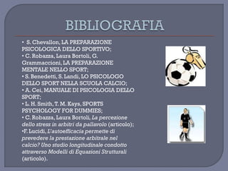 • S. Chevallon, LA PREPARAZIONE
PSICOLOGICA DELLO SPORTIVO;
• C. Robazza, Laura Bortoli, G.
Grammaccioni, LA PREPARAZIONE
MENTALE NELLO SPORT;
• S. Benedetti, S. Landi, LO PSICOLOGO
DELLO SPORT NELLA SCUOLA CALCIO;
• A. Cei, MANUALE DI PSICOLOGIA DELLO
SPORT;
• L. H. Smith,T. M. Kays, SPORTS
PSYCHOLOGY FOR DUMMIES;
• C. Robazza, Laura Bortoli, La percezione
dello stress in arbitri da pallavolo (articolo);
•F. Lucidi, L’autoefficacia permette di
prevedere la prestazione arbitrale nel
calcio? Uno studio longitudinale condotto
attraverso Modelli di Equazioni Strutturali
(articolo).
 