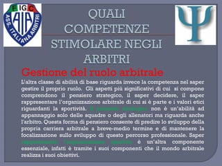 Gestione del ruolo arbitrale
L’altra classe di abilità di base riguarda invece la competenza nel saper
gestire il proprio ruolo. Gli aspetti più significativi di cui si compone
comprendono il pensiero strategico, il saper decidere, il saper
rappresentare l’organizzazione arbitrale di cui si è parte e i valori etici
riguardanti la sportività. Il pensiero strategico non è un’abilità ad
appannaggio solo delle squadre o degli allenatori ma riguarda anche
l'arbitro. Questa forma di pensiero consente di predire lo sviluppo della
propria carriera arbitrale a breve-medio termine e di mantenere la
focalizzazione sullo sviluppo di questo percorso professionale. Saper
rappresentare l’organizzazione sportiva è un’altra componente
essenziale, infatti è tramite i suoi componenti che il mondo arbitrale
realizza i suoi obiettivi.
 