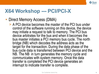 X64 Workshop --- PCI/PCI-X Direct Memory Access (DMA) A PCI device becomes the master of the PCI bus under control of the software running on this device, the device may initiate a request to talk to memory. The PCI bus device arbitrates for the bus and when it becomes the bus master initiates a PCI memory bus cycle. The north bridge (NB) which decodes the address acts as the target for the transaction. During the data phase of the bus cycle data is transferred between PCI device and the NB. The NB  in turn generates the memory cycle and communicates with system memory. Once the data transfer is completed the PCI device generates an interrupt to indicate transfer is complete. 