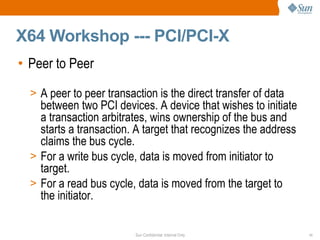 X64 Workshop --- PCI/PCI-X Peer to Peer  A peer to peer transaction is the direct transfer of data between two PCI devices. A device that wishes to initiate a transaction arbitrates, wins ownership of the bus and starts a transaction. A target that recognizes the address claims the bus cycle.  For a write bus cycle, data is moved from initiator to target. For a read bus cycle, data is moved from the target to the initiator. 
