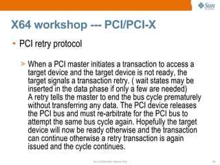 X64 workshop --- PCI/PCI-X PCI retry protocol  When a PCI master initiates a transaction to access a target device and the target device is not ready, the target signals a transaction retry. ( wait states may be inserted in the data phase if only a few are needed)  A retry tells the master to end the bus cycle prematurely without transferring any data. The PCI device releases the PCI bus and must re-arbitrate for the PCI bus to attempt the same bus cycle again. Hopefully the target device will now be ready otherwise and the transaction can continue otherwise a retry transaction is again issued and the cycle continues. 
