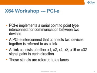 X64 Workshop --- PCI-e PCI-e implements a serial point to point type interconnect for communication between two devices A PCI-e interconnect that connects two devices together is referred to as a link A  link consists of either x1, x2, x4, x8, x16 or x32 signal pairs in each direction These signals are referred to as lanes 