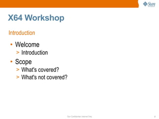 X64 Workshop Welcome Introduction Scope What's covered? What's not covered? Introduction 