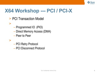 X64 Workshop --- PCI / PCI-X PCI Transaction Model Programmed IO  (PIO) Direct Memory Access (DMA) Peer to Peer  PCI Retry Protocol PCI Disconnect Protocol 