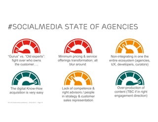 #SOCIALMEDIA STATE OF AGENCIES


“Gurus” vs. “Old experts”:                               Minimum pricing & service        Non-integrating in one the
  fight over who owns                                    offerings transformation; all   entire ecosystem (agencies,
     the customer….                                              blur around              UX, developers, curators)




  The digital Know-How                                     Lack of competence &               Over-production of
  acquisition is very easy                                 right advisors / people          content (TBC if in right
                                                           in strategy & customer           engagement direction)
                                                            sales representation
IOC 3rd Social media conference | 08-02-2012 | Page 16
 