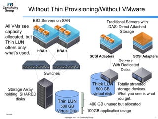 Without Thin Provisioning/Without VMware Thick LUN 500 GB virtual disk 10/13/09 copyright 2007  I/O Continuity Group Servers With Dedicated Disks ESX Servers on SAN Switches Storage Array holding  SHARED disks HBA’s HBA’s Thin LUN 500 GB Virtual Disk Traditional Servers with DAS- Direct Attached Storage Totally stranded storage devices. What you see is what you get. All VMs see capacity allocated, but Thin LUN offers only what’s used. . 400 GB unused but allocated 100GB application usage SCSI Adapters SCSI Adapters 