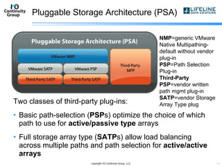 Pluggable Storage Architecture (PSA) Two classes of third-party plug-ins: Basic path-selection ( PSP s) optimize the choice of which path to use for  active/passive type  arrays  Full storage array type ( SATP s) allow load balancing across multiple paths and path selection for  active/active arrays copyright I/O Continuity Group, LLC NMP =generic VMware Native Multipathing-default without vendor plug-in PSP =Path Selection Plug-in  Third-Party PSP =vendor written path mgmt plug-in SATP =vendor Storage Array Type plug   