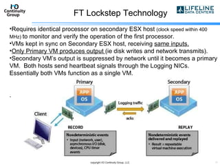 FT Lockstep Technology copyright I/O Continuity Group, LLC Requires identical processor on secondary ESX host  (clock speed within 400 MHz)  to monitor and verify the operation of the first processor. VMs kept in sync on Secondary ESX host, receiving  same inputs. Only Primary VM produces output  (ie disk writes and network transmits). Secondary VM’s output is suppressed by network until it becomes a primary VM.  Both hosts send heartbeat signals through the Logging NICs. Essentially both VMs function as a single VM. . 