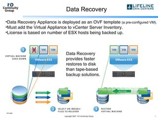 Data Recovery 10/13/09 copyright 2007  I/O Continuity Group Data Recovery provides faster restores to disk than tape-based backup solutions. Data Recovery Appliance is deployed as an OVF template  (a pre-configured VM).  Must add the Virtual Appliance to vCenter Server Inventory.  License is based on number of ESX hosts being backed up. 
