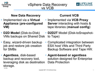 vSphere Data Recovery vs VCB New Data Recovery Implemented via a  Virtual Appliance  ( pre-configured VM) D2D Model  (Disk-to-Disk) VMs backups on Shared Disk Easy, wizard-driven backup job and restore job creation for SMBs Agentless , disk-based backup and recovery tool, leveraging disk as destination storage. Current VCB Implemented via  VCB Proxy Server  interacting with hosts & tape libraries ( manual config ) D2D2T  Model (Disk-toSnapshot-to Tape) Complicated integration between ESX host VMs and Third Party Backup Software and Tape HW. Agent-based or agentless  solution designed for Enterprise Data Protection 10/13/09 copyright 2007  I/O Continuity Group 