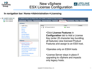 New vSphere  ESX License Configuration copyright I/O Continuity Group, LLC Click  License Features  in  Configuration  tab to Add a License Key (enter 25 character key bundling all features) view licensed Product Features and assign to an ESX host. Operates only on ESX4 hosts License Server stays in place if upgrading to vSphere and impacts only legacy hosts. In navigation bar: Home->Administration->Licensing 