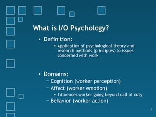 What is I/O Psychology?
 • Definition:
      • Application of psychological theory and
        research methods (principles) to issues
        concerned with work



 • Domains:
   − Cognition (worker perception)
   − Affect (worker emotion)
      • Influences worker going beyond call of duty
   − Behavior (worker action)
                                                      7
 
