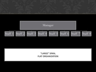 Manager

Staff 1 Staff 2 Staff 3 Staff 4 Staff 5 Staff 6 Staff 7 Staff 8




                          “LARGE” SPAN;
                       FLAT ORGANIZATION
 