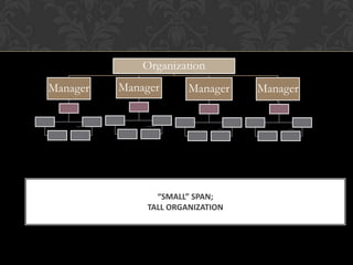 Organization
Manager   Manager      Manager    Manager




                “SMALL” SPAN;
              TALL ORGANIZATION
 