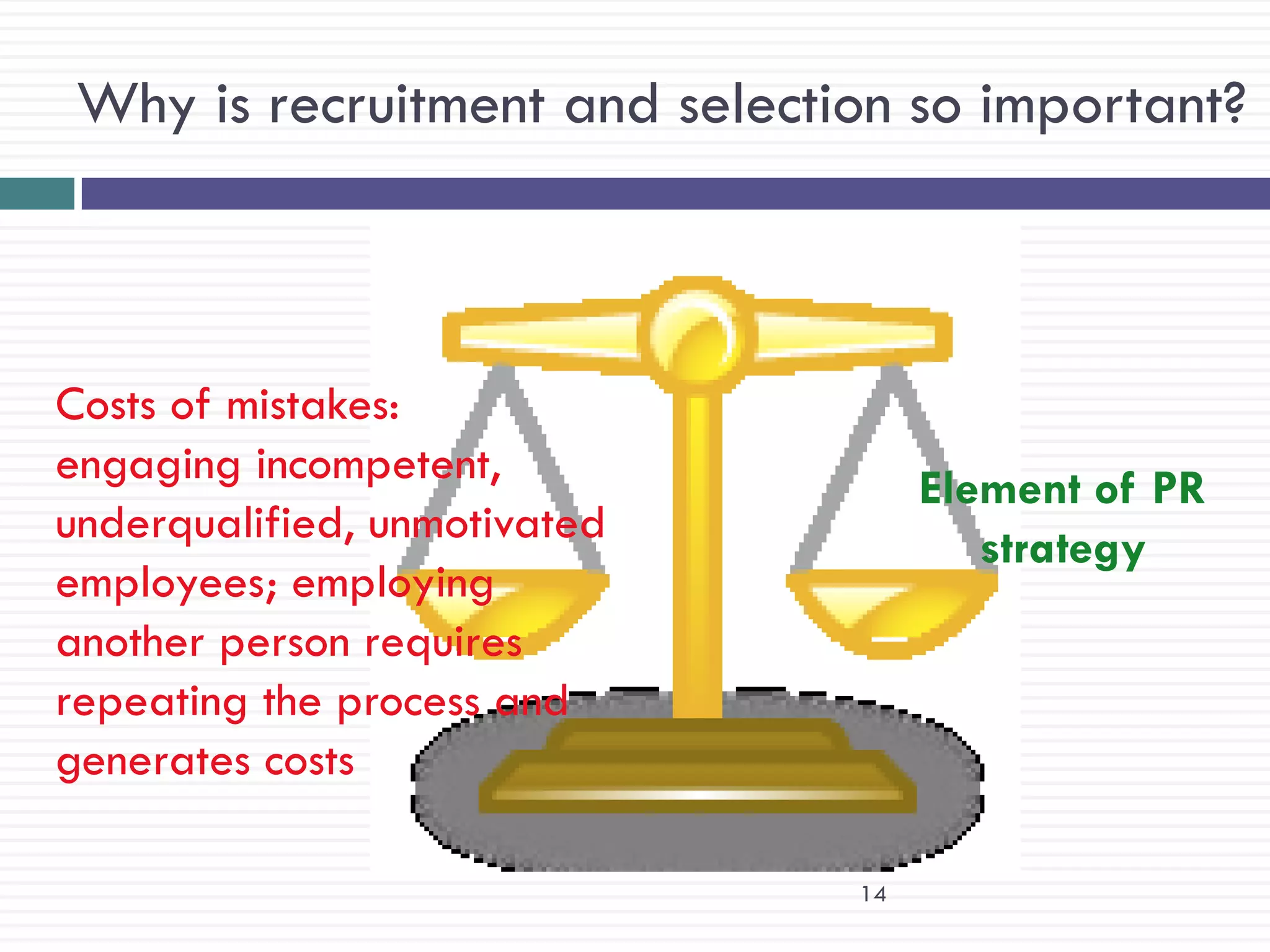 Why is recruitment and selection so important?



Costs of mistakes:
engaging incompetent,
                                    Element of PR
underqualified, unmotivated
                                       strategy
employees; employing
another person requires
repeating the process and
generates costs

                               14
 