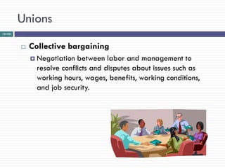 Unions
12-105




            Collective bargaining
              Negotiation  between labor and management to
               resolve conflicts and disputes about issues such as
               working hours, wages, benefits, working conditions,
               and job security.
 