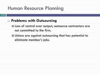 Human Resource Planning
12-145




            Problems with Outsourcing
              Loss of control over output; outsource contractors are
               not committed to the firm.
              Unions are against outsourcing that has potential to
               eliminate member‘s jobs.
 