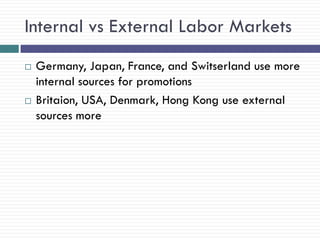 Internal vs External Labor Markets
   Germany, Japan, France, and Switserland use more
    internal sources for promotions
   Britaion, USA, Denmark, Hong Kong use external
    sources more
 