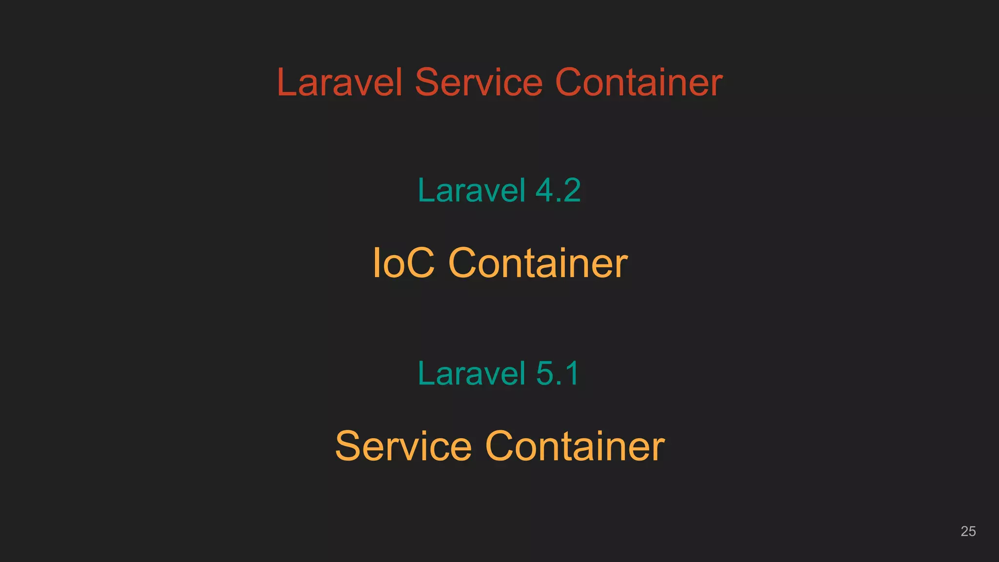 25
Laravel Service Container
Laravel 4.2
IoC Container
Laravel 5.1
Service Container
 