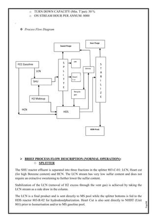 Page34
o TURN DOWN CAPACITY (Min. T’put): 50 %
o ON STREAM HOUR PER ANNUM: 8000
.
❖ Process Flow Diagram
➢ BRIEF PROCESS FLOW DESCRIPTION (NORMAL OPERATION):
O SPLITTER
The SHU reactor effluent is separated into three fractions in the splitter 803-C-01: LCN, Heart cut
(for high Benzene content) and HCN. The LCN stream has very low sulfur content and does not
require an extractive sweetening to further lower the sulfur content.
Stabilization of the LCN (removal of H2 excess through the vent gas) is achieved by taking the
LCN stream as a side draw in the column.
The LCN is a final product and is sent directly to MS pool while the splitter bottoms is fed to the
HDS reactor 803-R-02 for hydrodesulphurization. Heart Cut is also sent directly to NHDT (Unit
801) prior to Isomerisation and/or to MS gasoline pool.
LCN
H2 Makeup
SHU
FCC Gasoline S
T
A
B
I
L
I
Z
E
R
S
P
L
I
T
T
E
R
HDS
LCN
HDN Prod.
Sweet Purge
Sour Purge
Heart
Cut
Recycle
gas
Amine
HCN
 