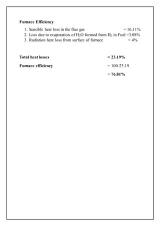 Furnace Efficiency
1. Sensible heat loss in the flue gas = 16.11%
2. Loss due to evaporation of H2O formed from H2 in Fuel =3.08%
3. Radiation heat loss from surface of furnace = 4%
Total heat losses = 23.19%
Furnace efficiency = 100-23.19
= 76.81%
 
