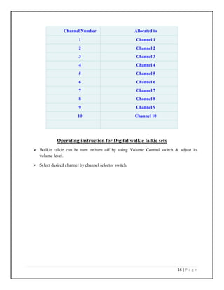 16 | P a g e
Channel Number Allocated to
1 Channel 1
2 Channel 2
3 Channel 3
4 Channel 4
5 Channel 5
6 Channel 6
7 Channel 7
8 Channel 8
9 Channel 9
10 Channel 10
Operating instruction for Digital walkie talkie sets
 Walkie talkie can be turn on/turn off by using Volume Control switch & adjust its
volume level.
 Select desired channel by channel selector switch.
 