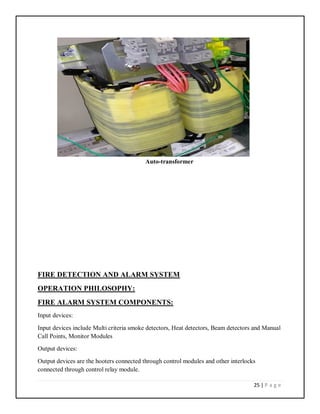 25 | P a g e
Auto-transformer
FIRE DETECTION AND ALARM SYSTEM
OPERATION PHILOSOPHY:
FIRE ALARM SYSTEM COMPONENTS:
Input devices:
Input devices include Multi criteria smoke detectors, Heat detectors, Beam detectors and Manual
Call Points, Monitor Modules
Output devices:
Output devices are the hooters connected through control modules and other interlocks
connected through control relay module.
 