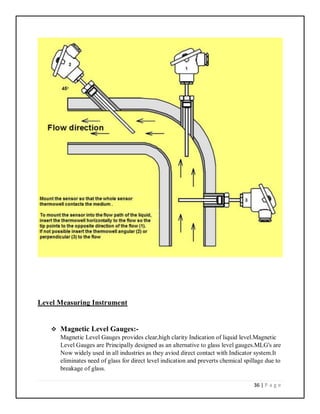 36 | P a g e
Level Measuring Instrument
 Magnetic Level Gauges:-
Magnetic Level Gauges provides clear,high clarity Indication of liquid level.Magnetic
Level Gauges are Principally designed as an alternative to glass level gauges.MLG's are
Now widely used in all industries as they aviod direct contact with Indicator system.It
eliminates need of glass for direct level indication and preverts chemical spillage due to
breakage of glass.
 