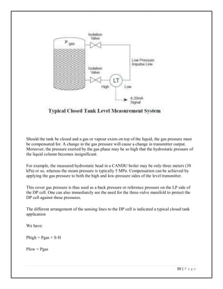 39 | P a g e
Should the tank be closed and a gas or vapour exists on top of the liquid, the gas pressure must
be compensated for. A change in the gas pressure will cause a change in transmitter output.
Moreover, the pressure exerted by the gas phase may be so high that the hydrostatic pressure of
the liquid column becomes insignificant.
For example, the measured hydrostatic head in a CANDU boiler may be only three meters (30
kPa) or so, whereas the steam pressure is typically 5 MPa. Compensation can be achieved by
applying the gas pressure to both the high and low-pressure sides of the level transmitter.
This cover gas pressure is thus used as a back pressure or reference pressure on the LP side of
the DP cell. One can also immediately see the need for the three-valve manifold to protect the
DP cell against these pressures.
The different arrangement of the sensing lines to the DP cell is indicated a typical closed tank
application
We have:
Phigh = Pgas + S⋅H
Plow = Pgas
 