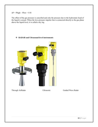 40 | P a g e
ΔP = Phigh – Plow = S⋅H
The effect of the gas pressure is cancelled and only the pressure due to the hydrostatic head of
the liquid is sensed. When the low-pressure impulse line is connected directly to the gas phase
above the liquid level, it is called a dry leg.
 RADAR and Ultrasound level instruments
Through AirRadar Ultrasonic Guided Wave Radar
 