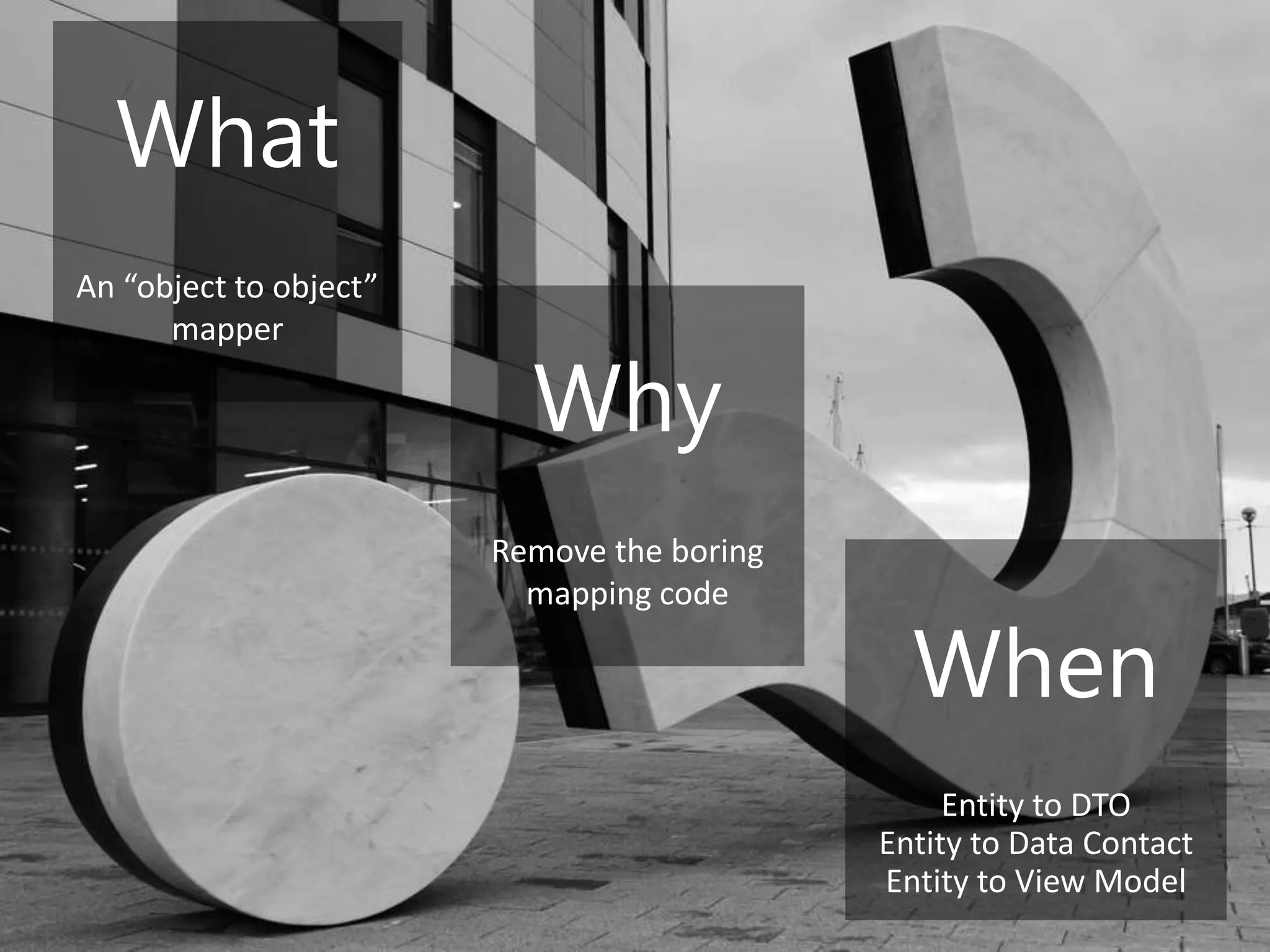 What
An “object to object”
mapper
Why
Remove the boring
mapping code
When
Entity to DTO
Entity to Data Contact
Entity to View Model
