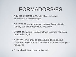 FORMADORS/ES
• A judara l’estudianta identiﬁcar les seves
necessitats d’aprenentatge
• M otivar-lo per a mantenir i reforçar la constància i
l’esforç que el fet d’aprendre requereix
• Oferir-liuna guia i una orientació respecte al procés
que ha de seguir
• R econèixerel grau de consecució dels objectius
d’aprenentatge i proposar les mesures necessàries per a
millorar-lo
• R esoldredubtes i orientar l’estudi
 