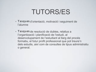 TUTORS/ES
• Tasques d’orientació, motivació i seguiment de
l’alumne
• Tasques de resolució de dubtes, relatius a
l’organització i planiﬁcació de l’estudi, al
desenvolupament de l’estudiant al llarg del procés
formatiu, el futur proﬁt professional que pot treure’n
dels estudis, així com de consultes de tipus administratiu
o general.
 