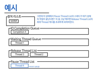 예시
장치 리스트
socket
그런데 이 상태에서 Pause Thread List의 스레드가 대기 상태
의 작업이 끝난다면? 이 걸 그냥 깨우면 Release Thread List의
최대 Thread 개수를 초과하게 되어버린다.
IO Completion Queue
Waiting Thread Queue
Thread 1
Release Thread List
Pause Thread List
Thread 3
Completion 4
Thread 4
Thread 2
이제 대기 상태 끝!
 
