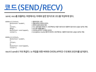 코드(SEND/RECV)
send, recv를 호출하는 부분에서는 아래와 같은 방식으로 코드를 작성하게 된다.
WSARecv(clntSock,			//클라이언트 소켓.
	&ioContext->wsaBuf,		//읽을 데이터 버퍼의 포인터.
	1,					//데이터 입력 버퍼의 개수.
	nullptr,				//recv 결과 읽은 바이트 수. IOCP에서는 비동기 방식으로 사용하지 않으므로 nullptr 넘겨도 무방.
	 &flags,	 	 	 	 //recv에 사용될 플래그.
	 &ioContext->overlapped),	//OVERLAPPED 구조체의 포인터
	nullptr);				//completion routine 함수의 포인터. IOCP에서는 사용하지 않으므로 nullptr 넘겨도 무방.
WSARecv(clntSock,
	&ioContext->wsaBuf,
	1,
	nullptr,
	0,
	&ioContext->overlapped),
	nullptr);
recv나 send나 거의 똑같다. io 작업을 위한 버퍼와 OVERLAPPED 구조체의 포인터를 넘겨준다.
 